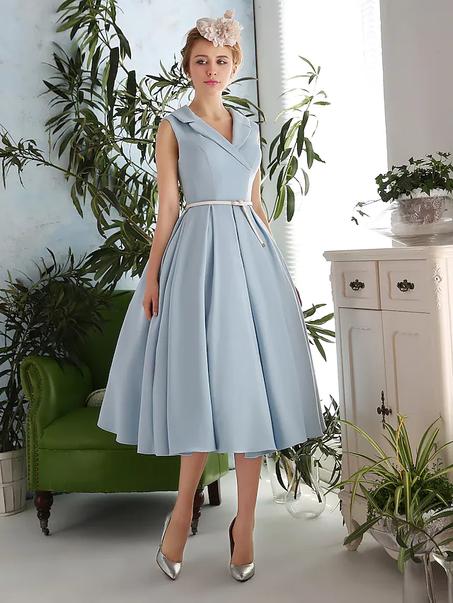 Luolandi A-Line Elegant Vintage Inspired Cocktail Party Prom Dress V Neck Sleeveless Tea Length